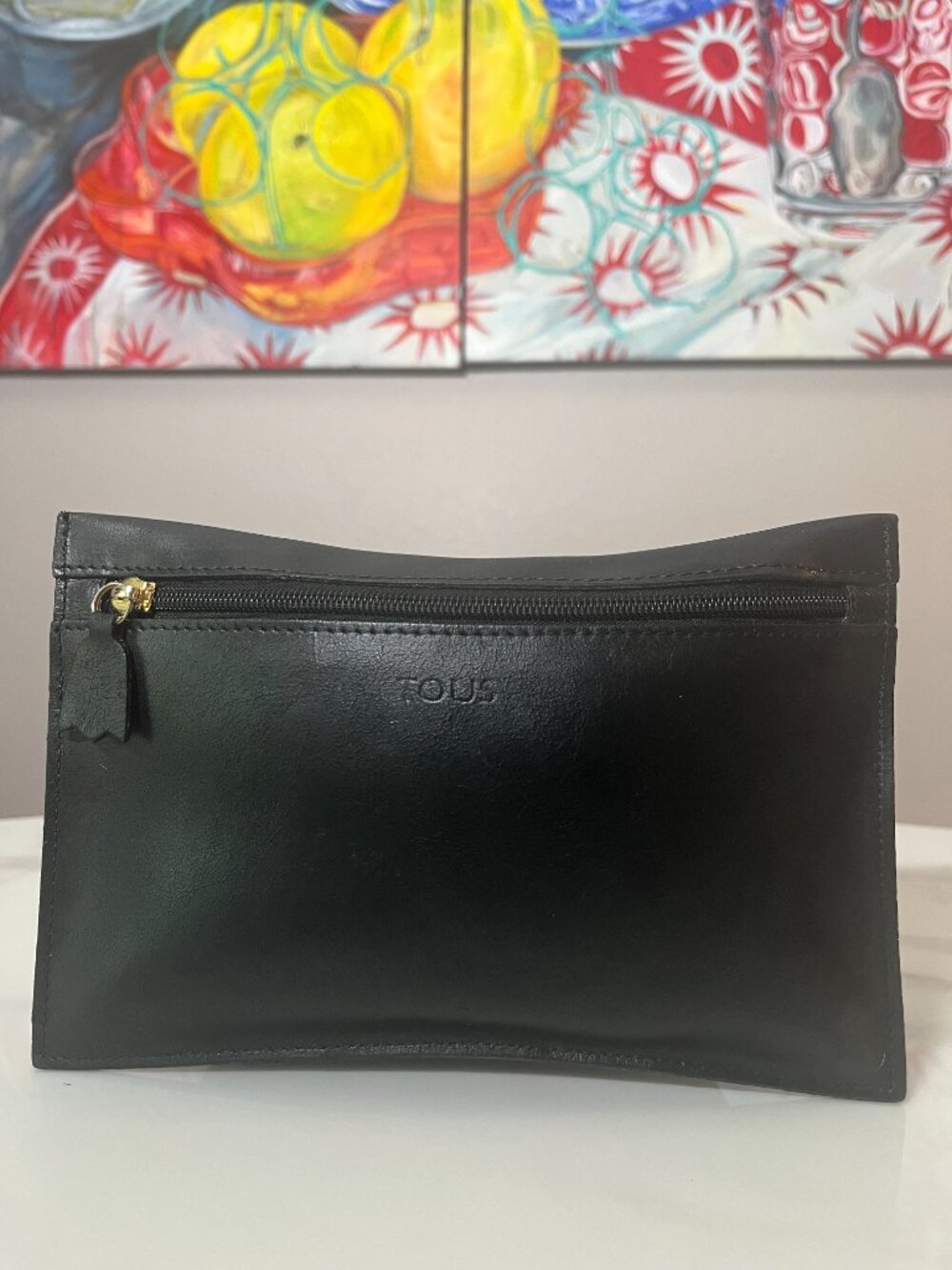 Tous Barcelona Spain Black Leather Bear Zip Pouch Clutch Cosmetic Bag - Picture 2 of 5